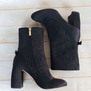 Nanette Lepore Linette Satin Lace Round Toe Block Heel Boots Black Size 7 1/2